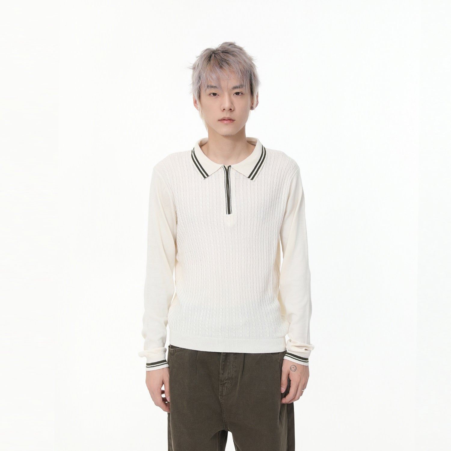MTLCLOTHES Lapel Zipper Semi-open Neck Slim-fit Long-sleeved Knitted Sweater