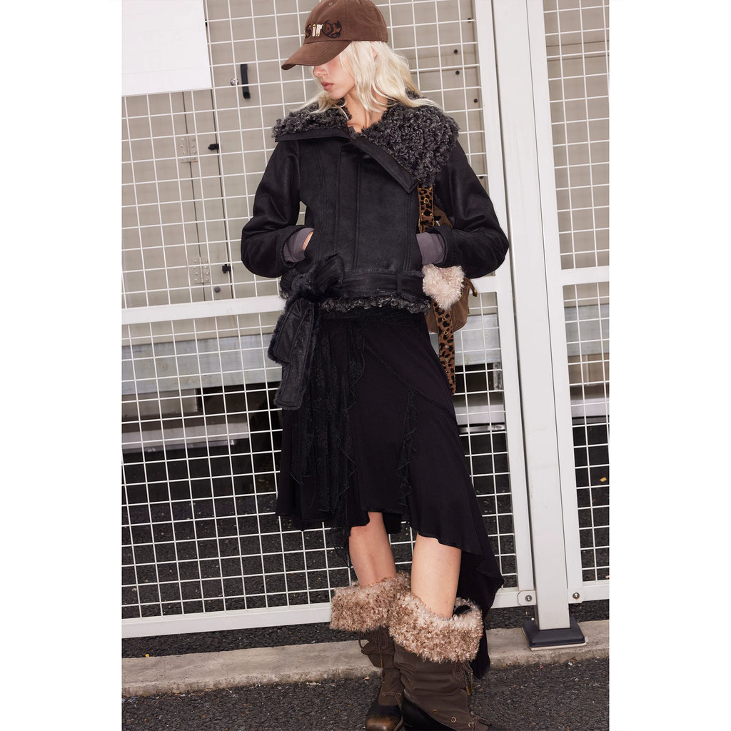 2th Desire Asymmetrical Plush Lapel Plush Thickened Short Jacket