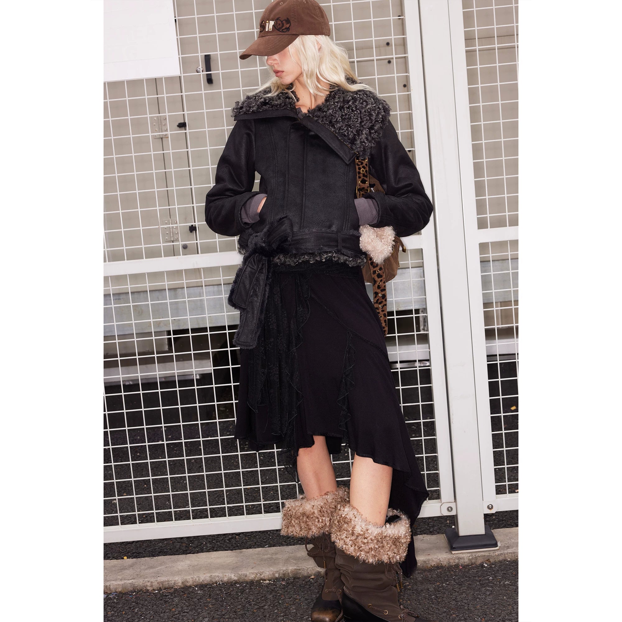 2th Desire Asymmetrical Plush Lapel Plush Thickened Short Jacket