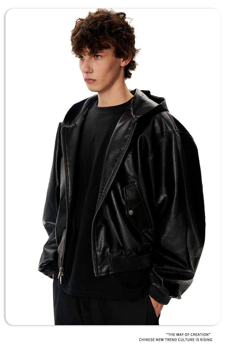 11KN Hooded Short Wide Leather Jacket Embossed Pattern Jacket