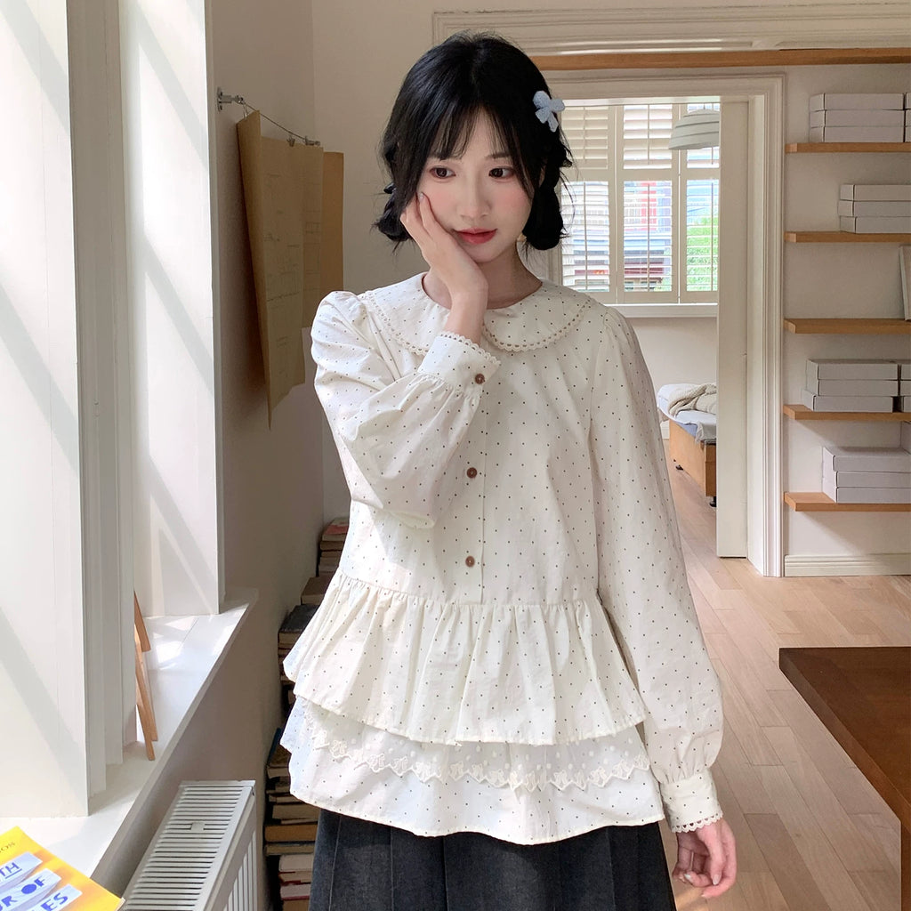 MUCHA Vintage Lace Polka Dot Long Sleeve Shirt