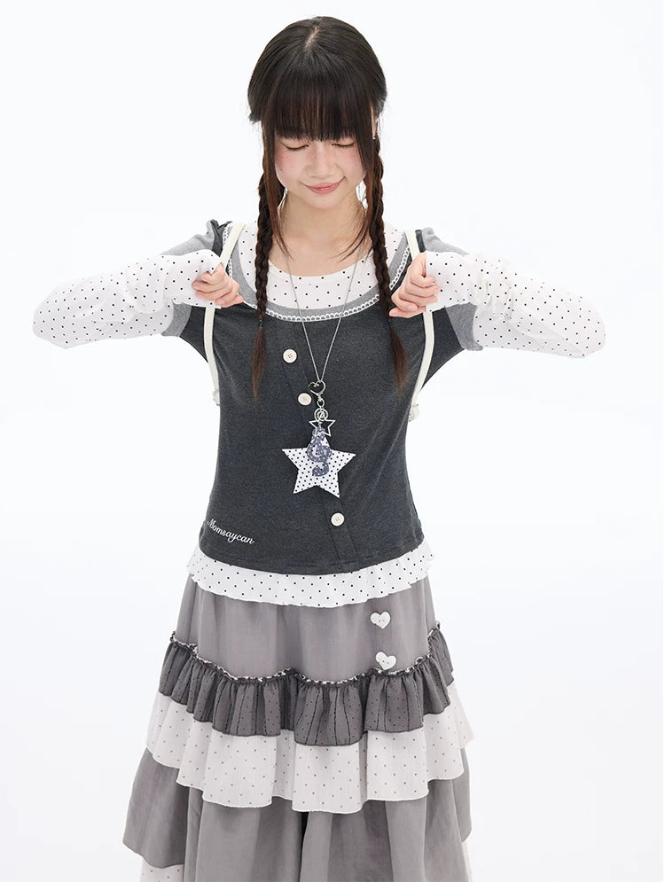 MOMSAYCAN Polka Dot Splicing Lace Slim Fit Long Sleeve