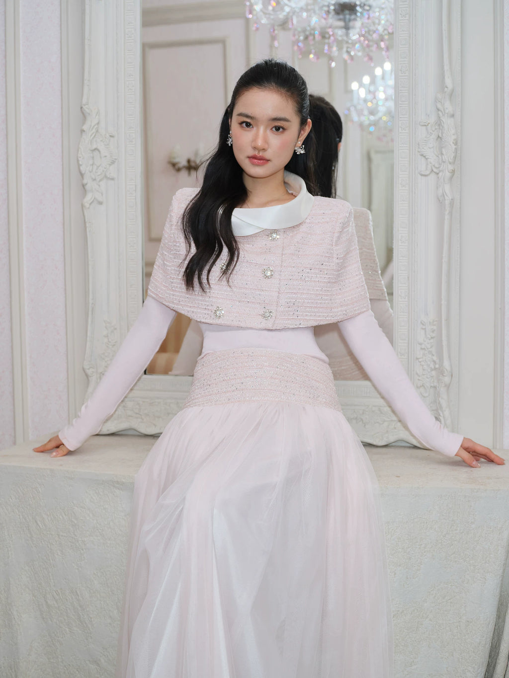 J TheChosen Satin Stand-Up Collar Shawl Mesh Skirt Set