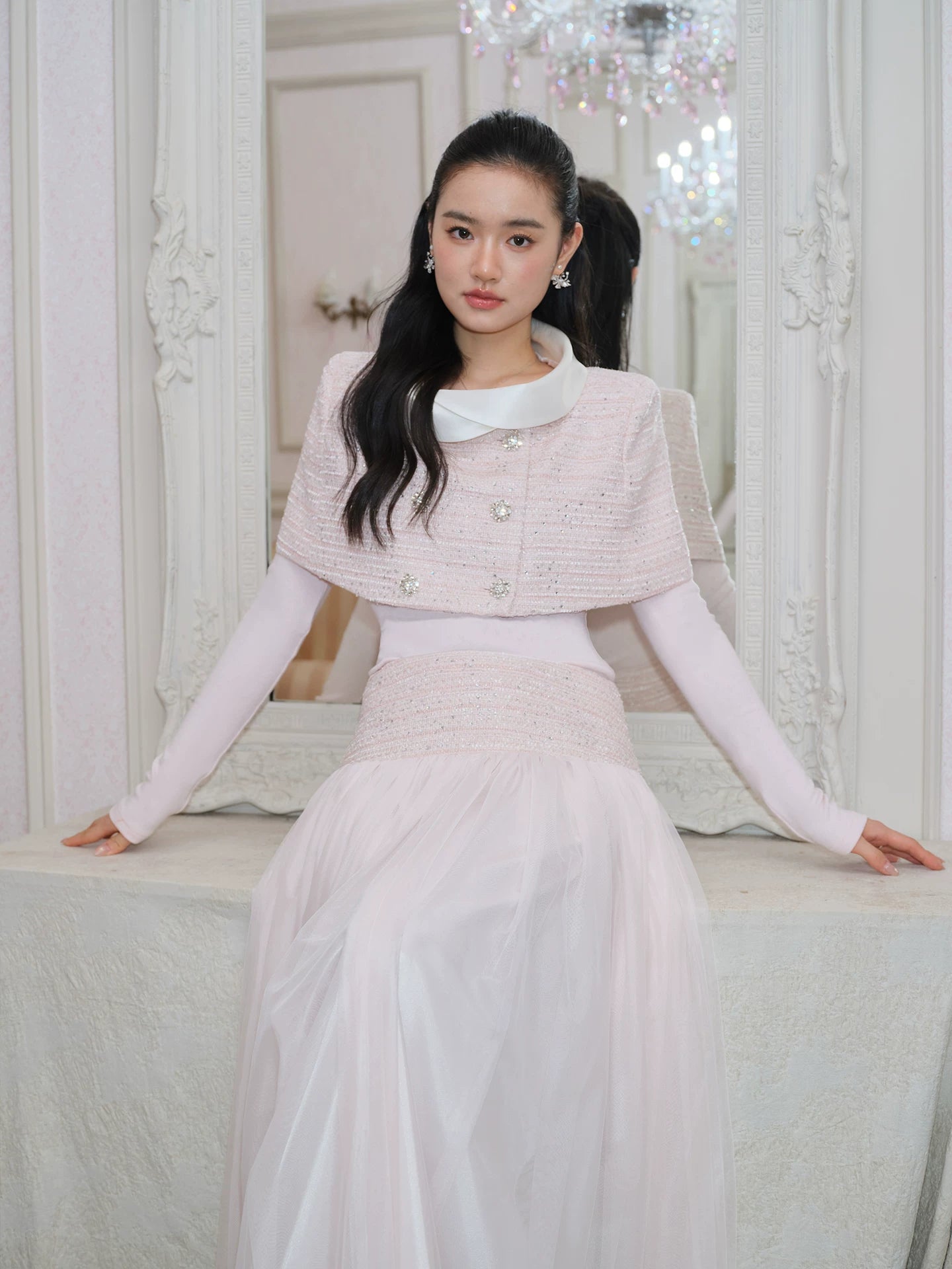 J TheChosen Satin Stand-Up Collar Shawl Mesh Skirt Set