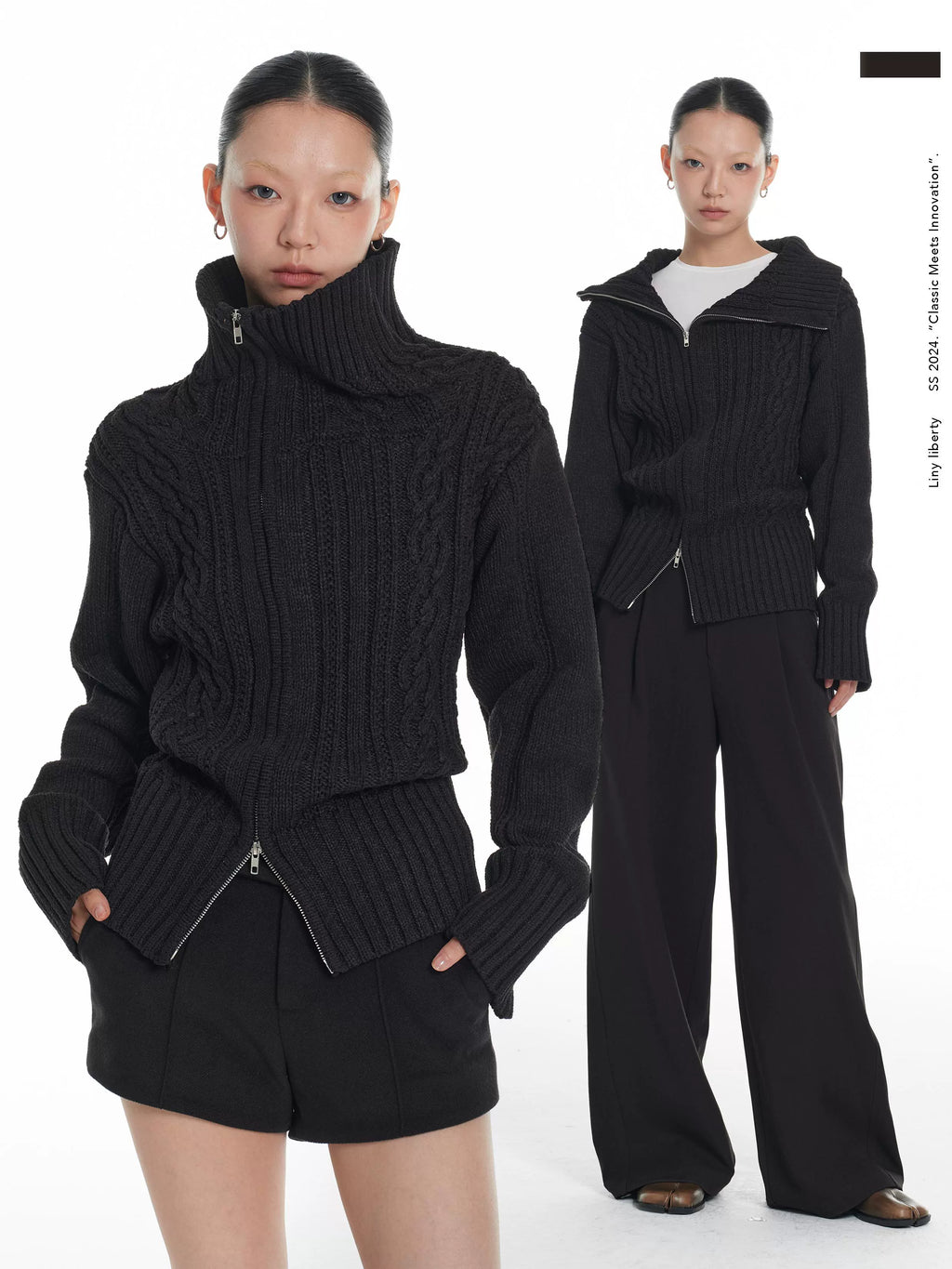 LINY LIBERTY Vintage Stand-up Neck Knitted Thick Needle Sweater Cardigan Jacket