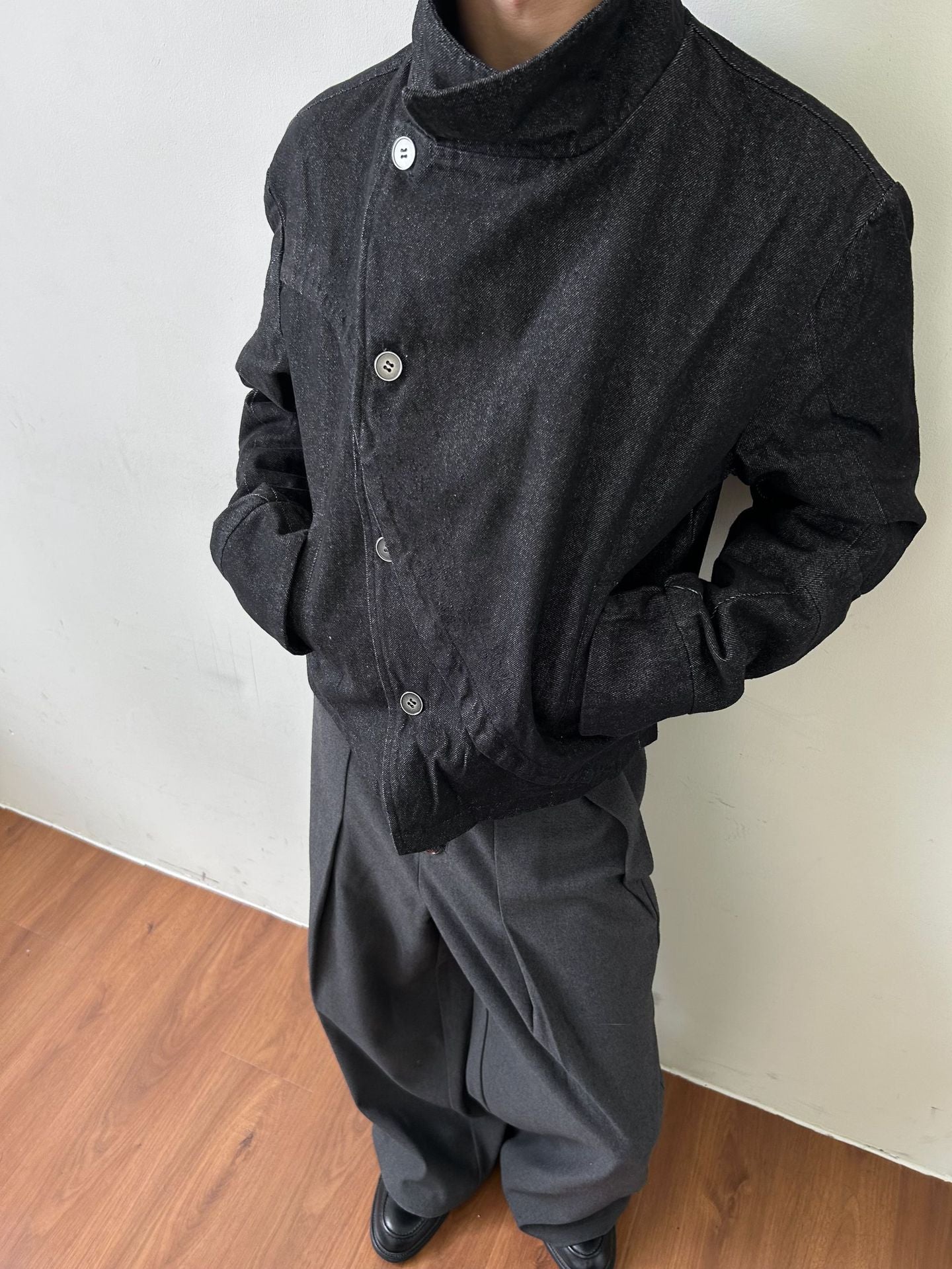 EME Stand-up Collar Button-down Denim Irregular Jacket