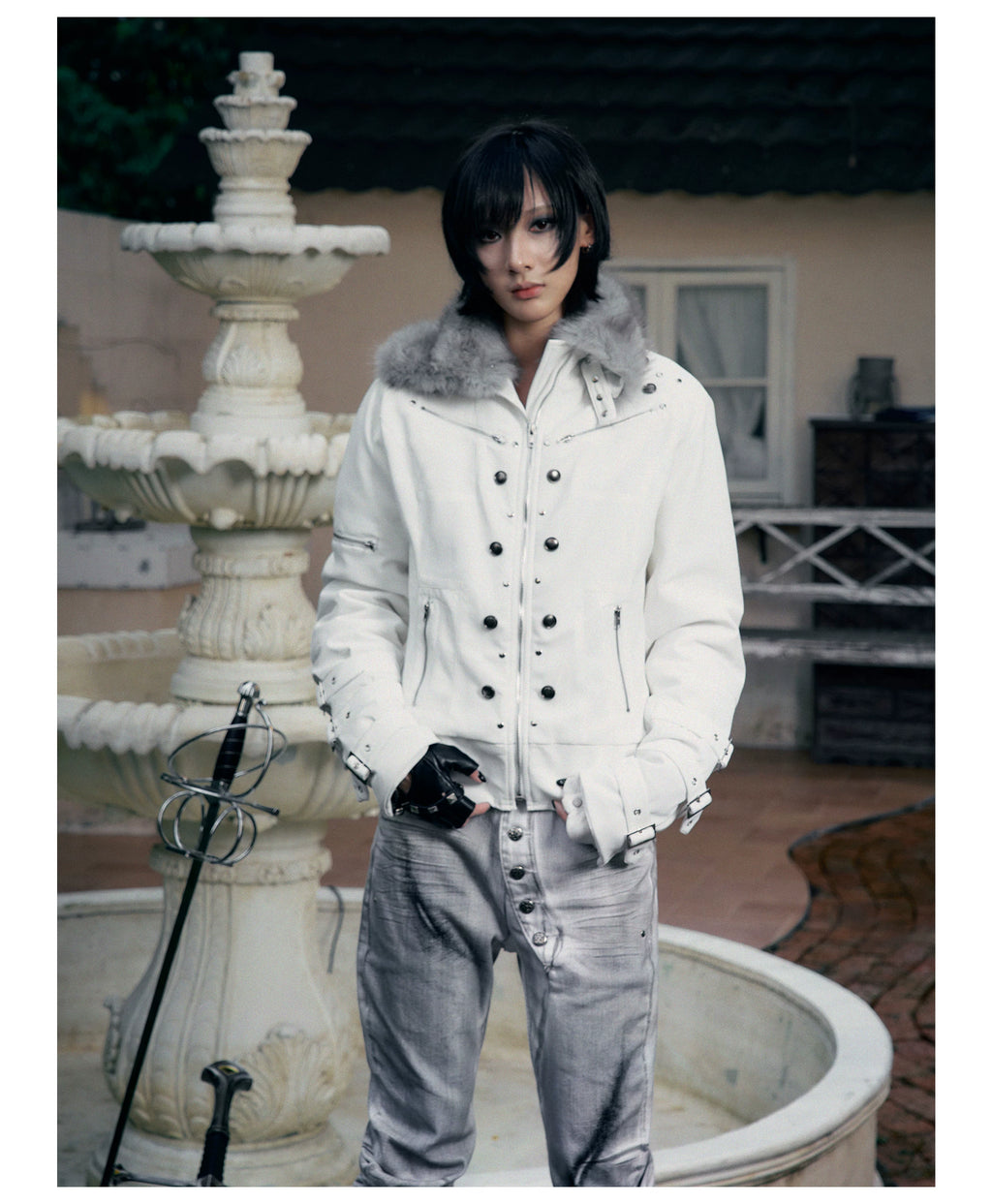 PAIKI Fur Collar Suede Padded Slim Jacket