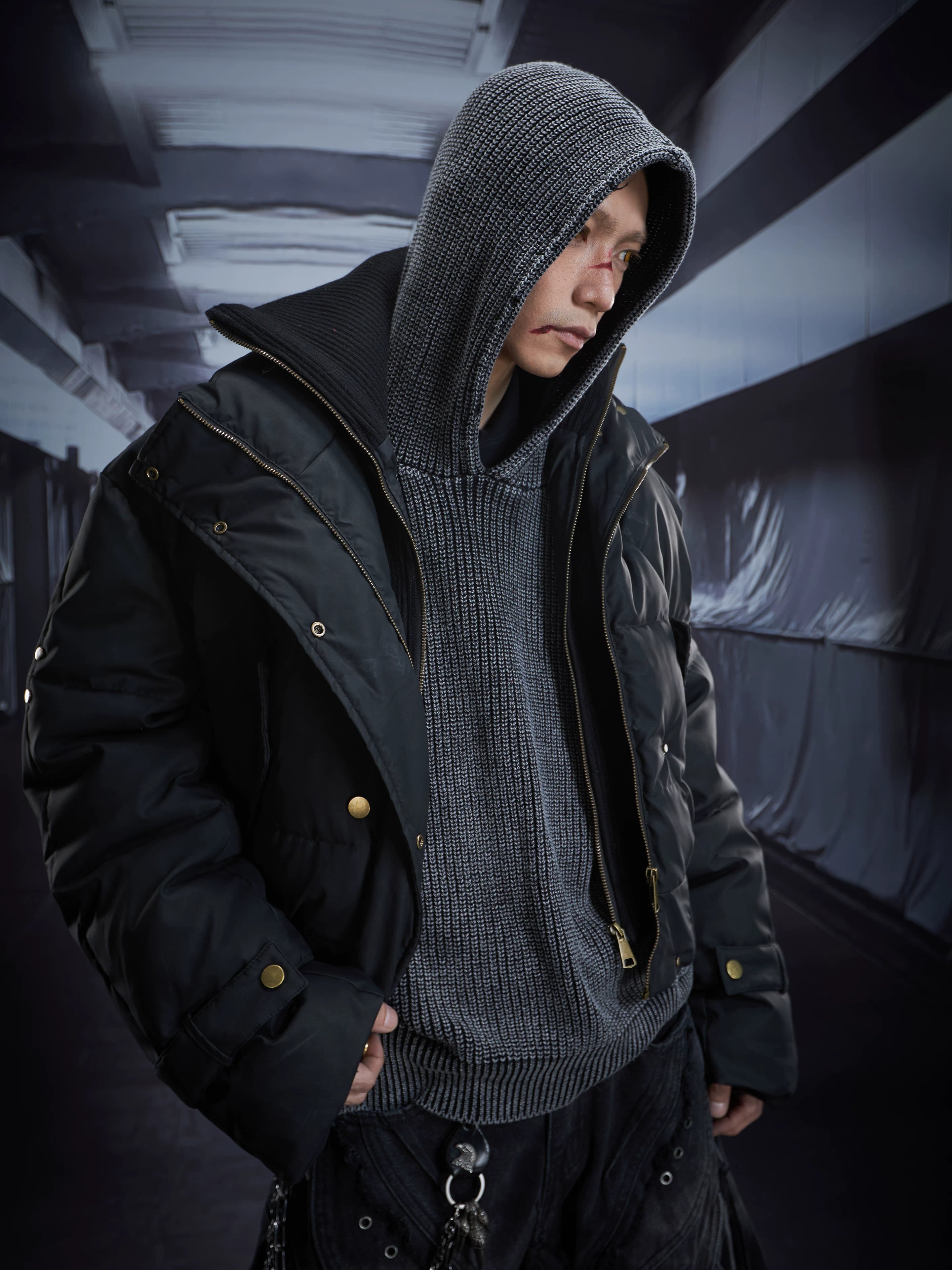 NOMANIAI Overweight Work Double Neck PU Leather Zipper Button Cotton Jacket