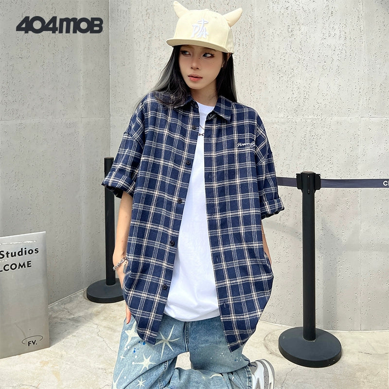 404MOB contrasting color polished embroidery short-sleeved plaid shirt