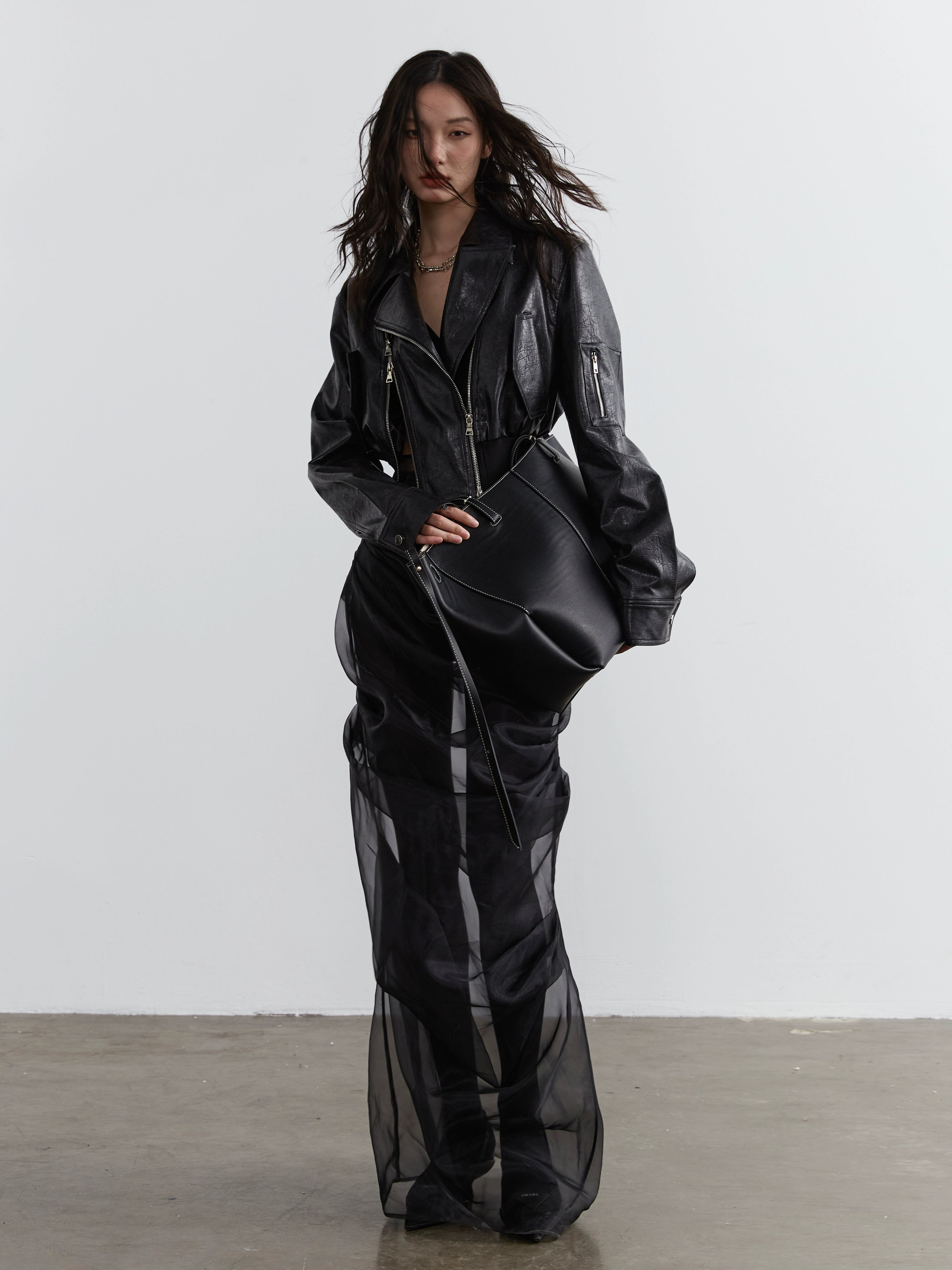 JNYLON Hollow PU Leather High-waisted Ultra-short Jacket