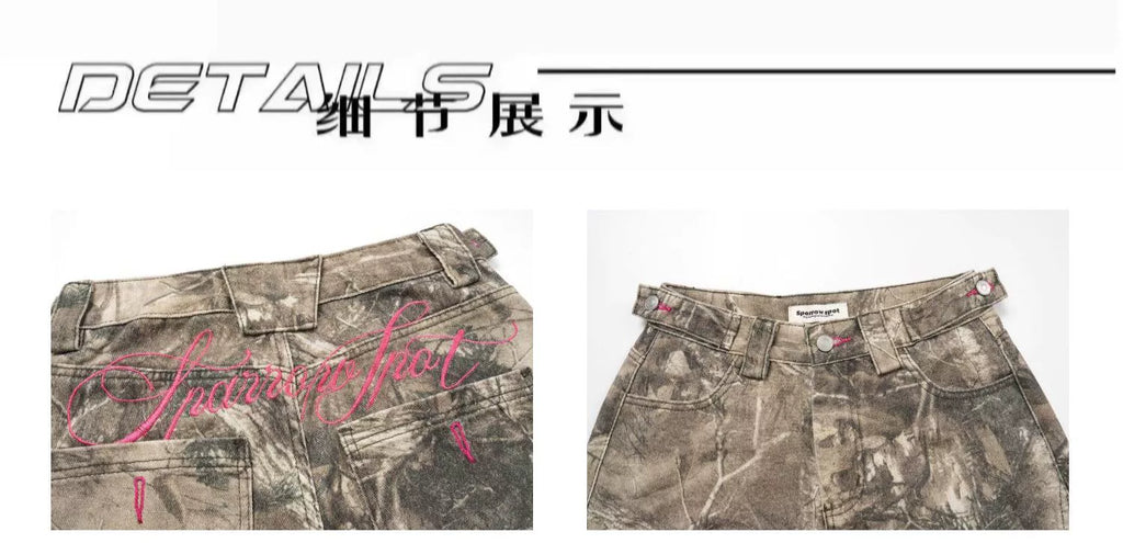BLACKLISTS Vintage Alphabet Embroidered Twig Camouflage Jeans