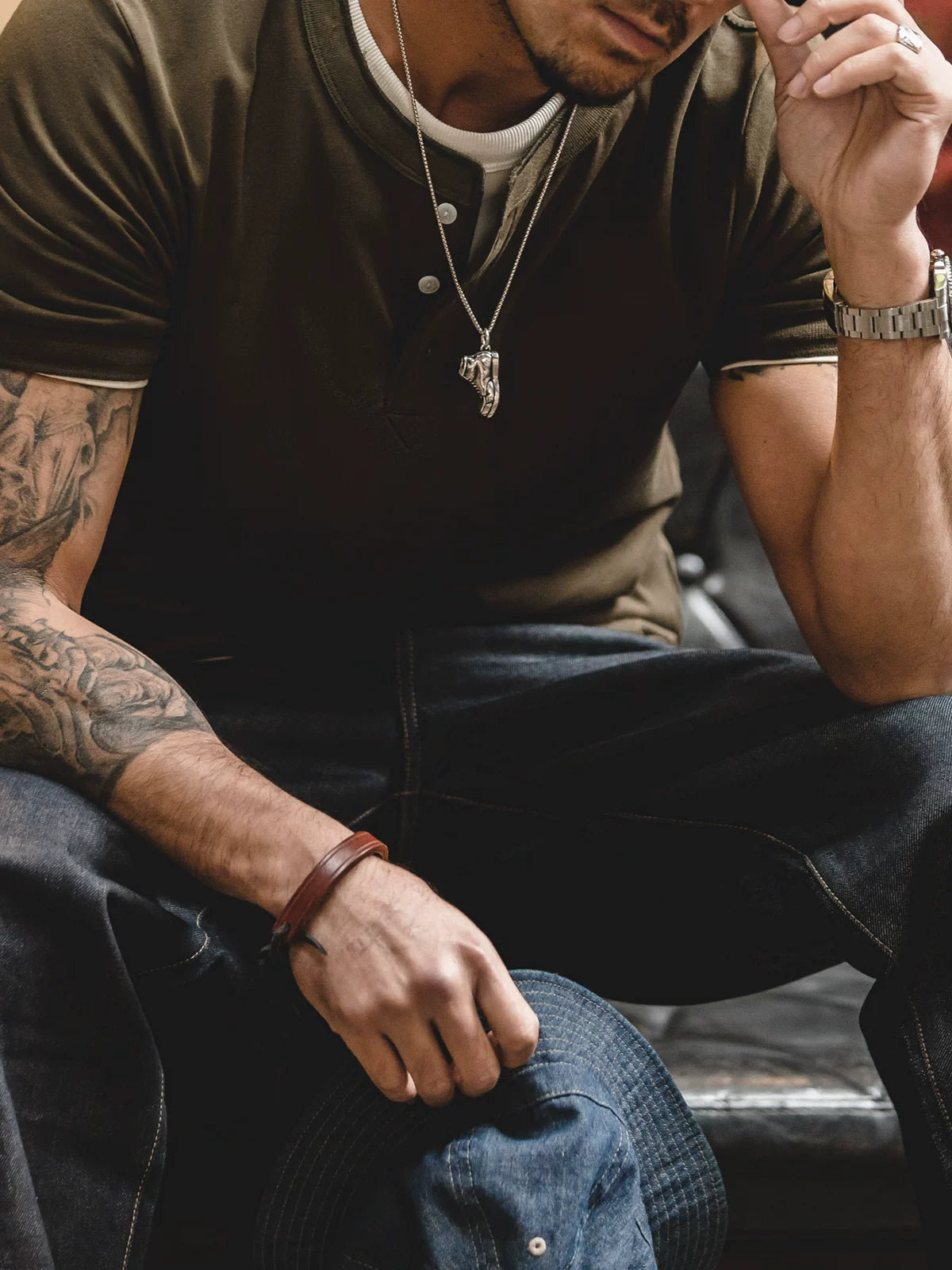 Madden heavy Henry collar short-sleeved pure cotton old money Ami Kaji T-shirt Henry shirt men's