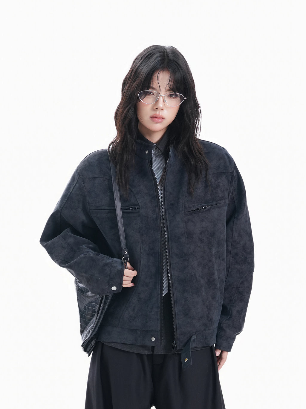 Zuocisankon Stand-up Collar PU Leather Jacket
