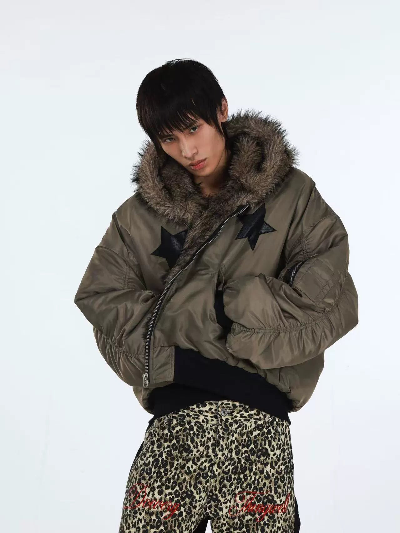 DETW Five-pointed Star Fake Two-piece Fur Collar Hooded Cotton Dress