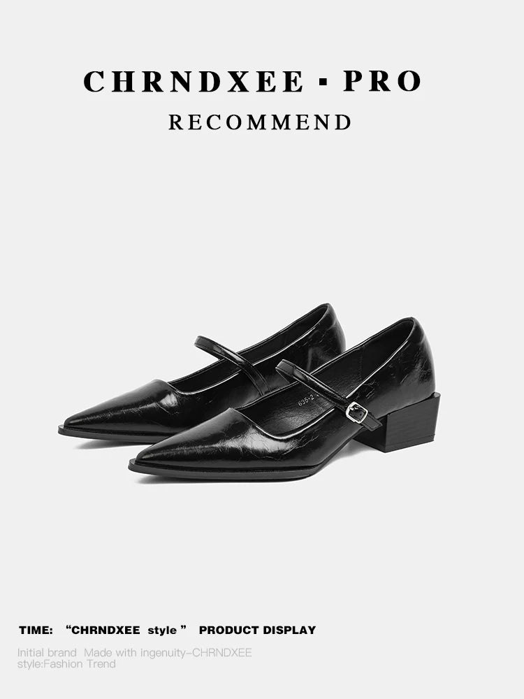 CHRNDXEE Vintage Pointed-toe Soft Leather Chunky Heel Shoes