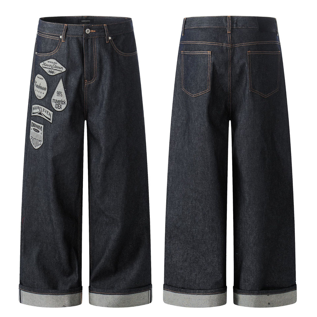 11KN 11 oz Wide-Leg Denim Jeans with Embroidered Patches