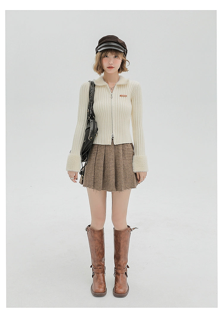 Girlyhalo Slim-fit Lapel Zip-up Sweater
