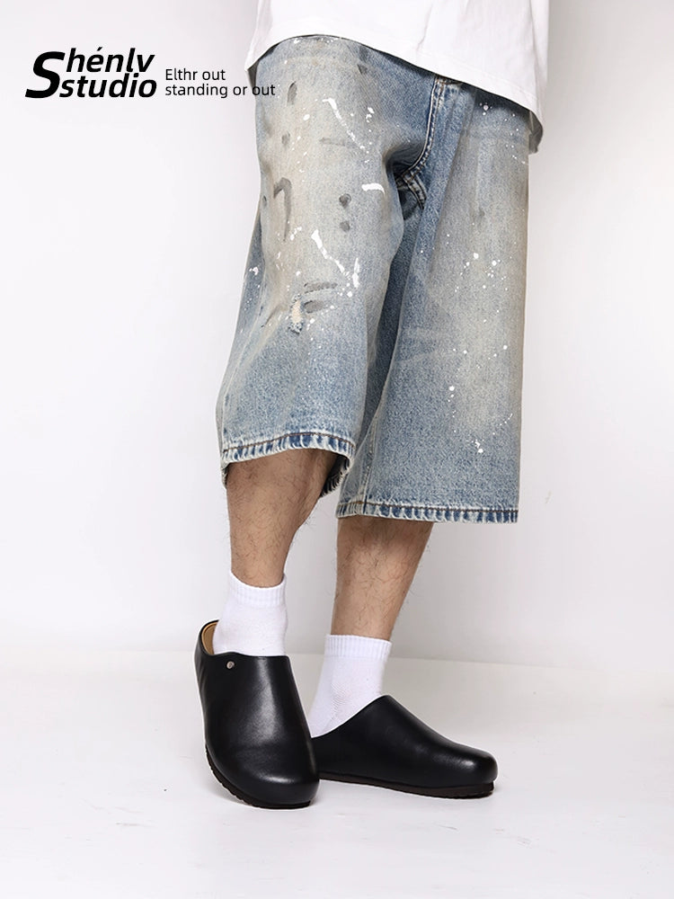 SHENLV STUDIO Black Simple Thick-bottomed Half-mop Outer Leather Slippers