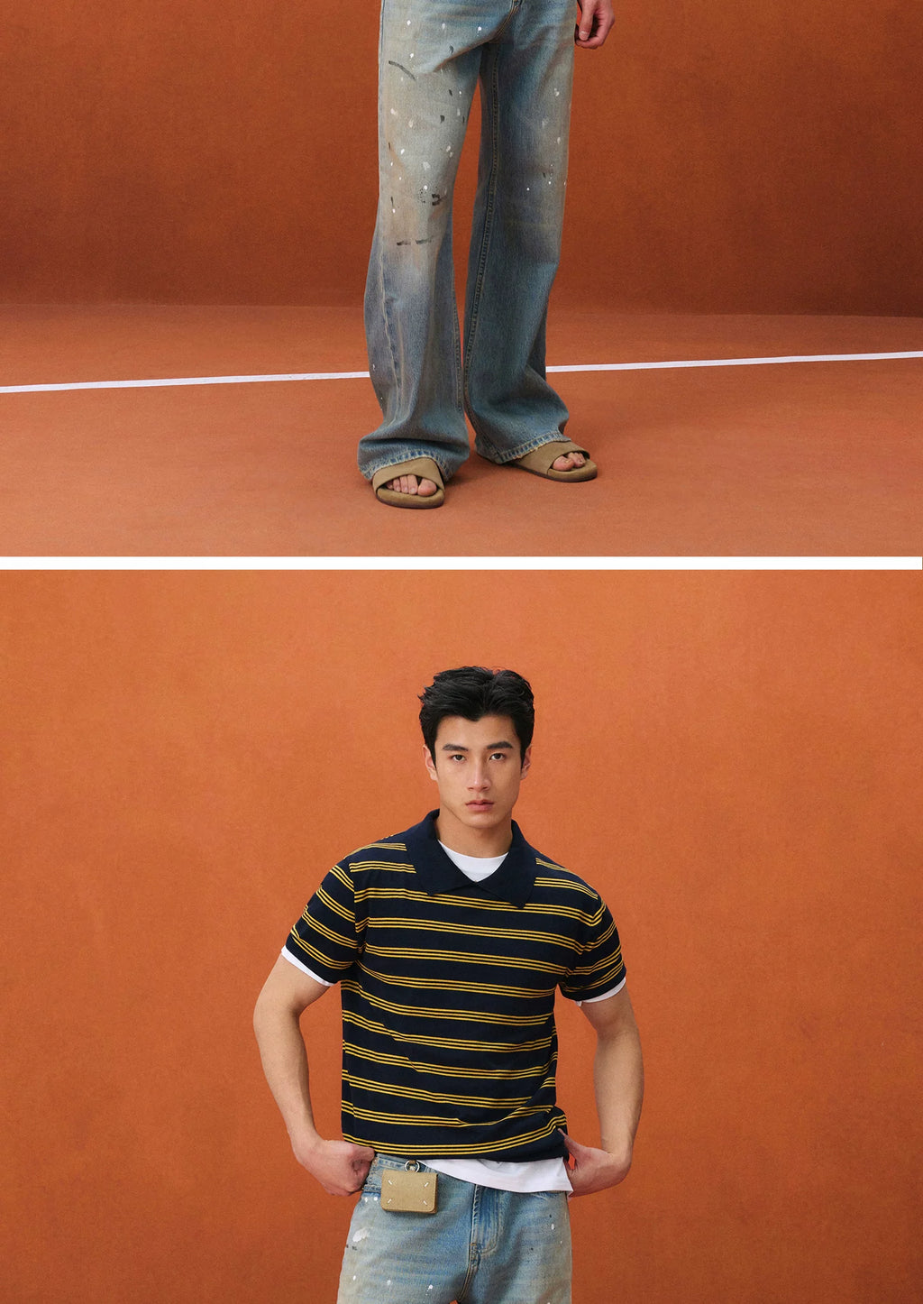 NO LOGO Contrasting Stripes POLO Crew Neck Light Tee