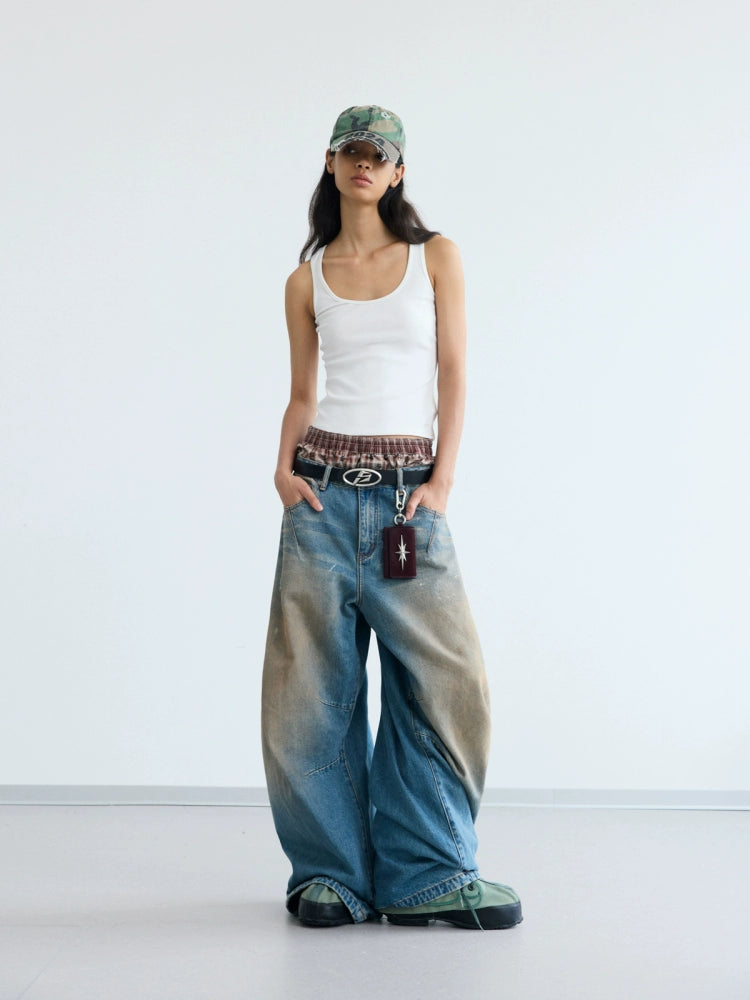 PEOPLESENSE Yellow Mud Dyed Dirty Scimitar Washed Wide Leg Jeans