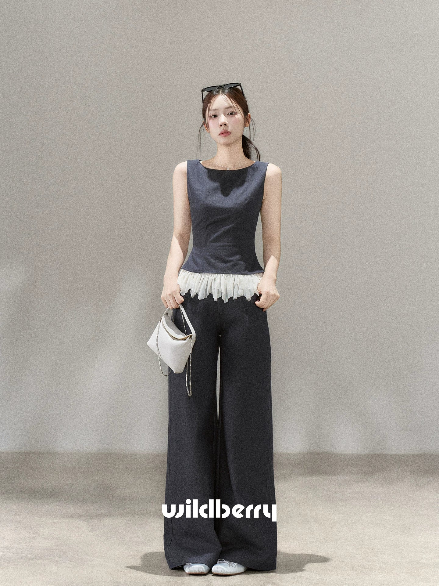 Wildberry Sleeveless Splicing Vest High Waist Straight Casual Pants Set