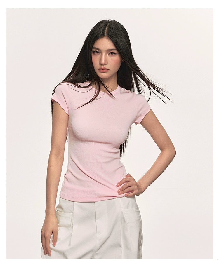 Anna Aneae Straight Shoulder Simple and Versatile Crew Neck Slim Fit Tee