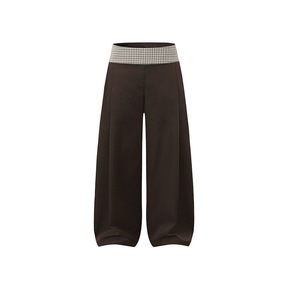 DIMC Checked Stitching Inner Pleated Wide-leg High-waisted Pants