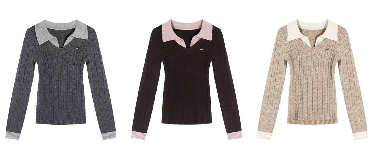 TYANG Contrasting Polo Collar Fake Two-piece Knitted Sweater