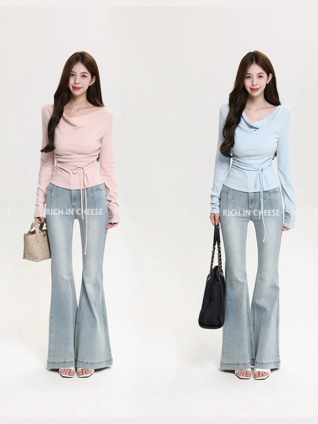 RICH IN CHEESE Waist Fold Temperament Swing Neck Long Sleeve