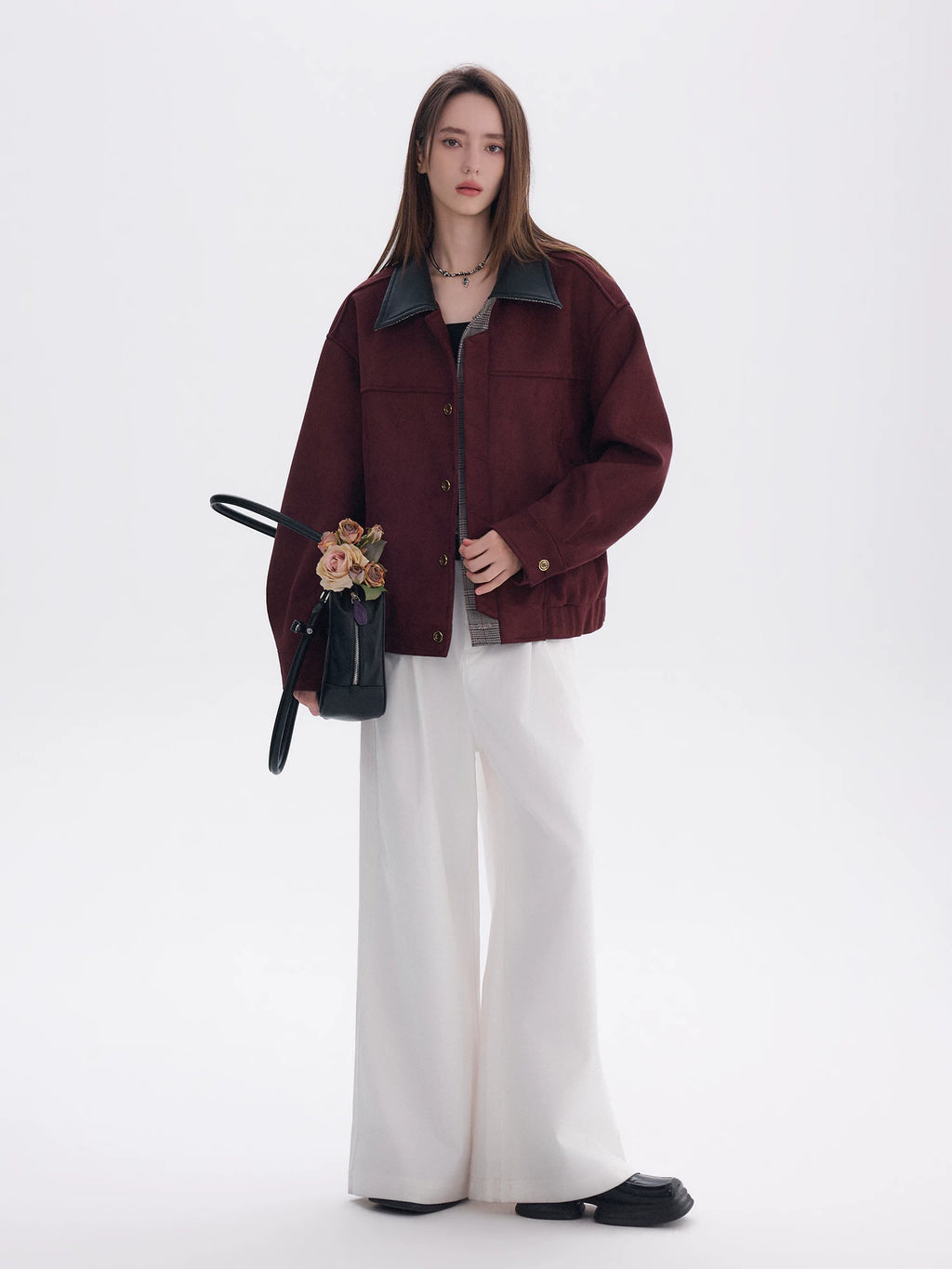 CHOR Color Matching Leather Collar Suede Lapel Jacket