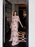 1S Diagonal Neck Off-the-shoulder Floral Dress