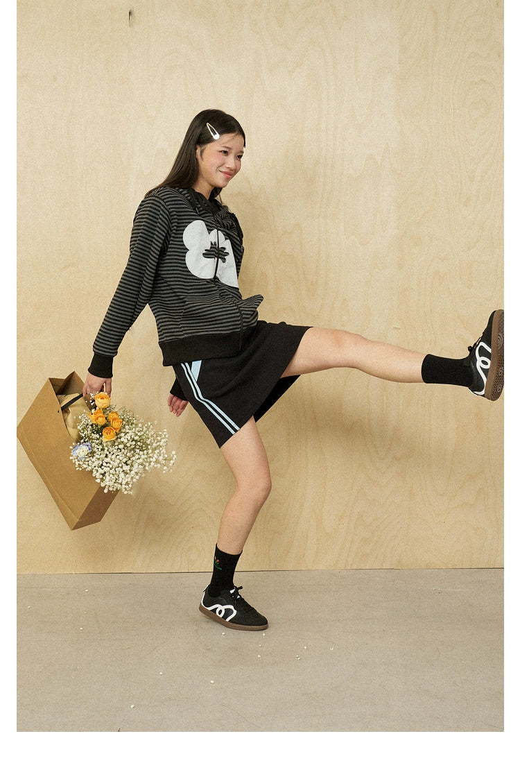 MoodLikeMe Striped Flower Patch Embroidered Hooded Sweater