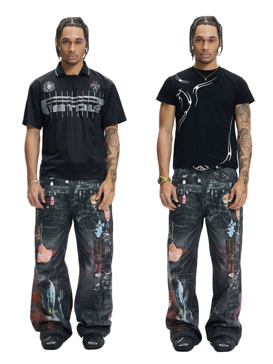 DND4DES Dark Wind Cartoon Printed Straight Jeans