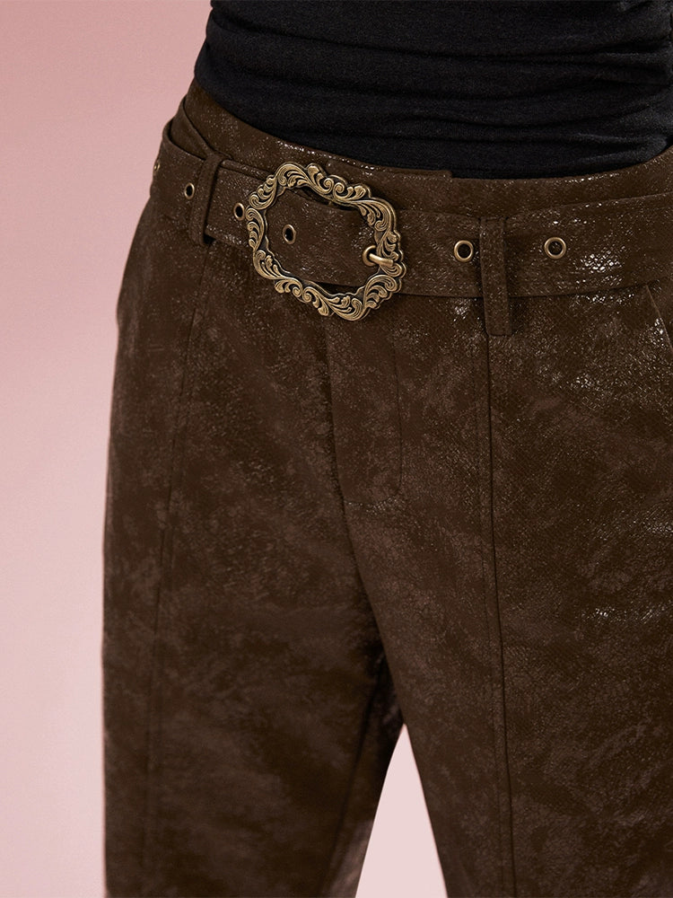 Imone Retro Micro-pull High Waist Slim Crack Leather Pants