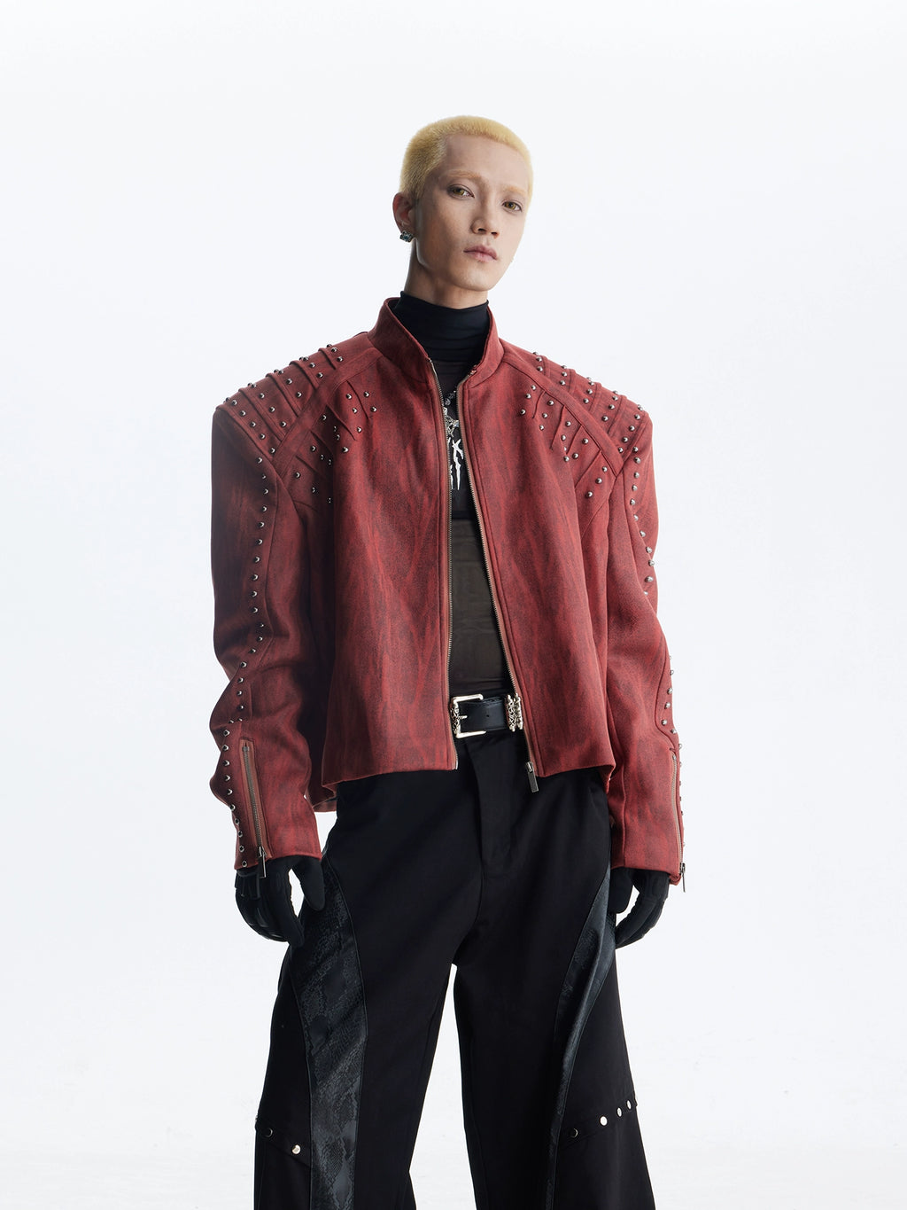 NOMANIAI Rivet Trim Loose Shoulder Padded Leather Jacket Zipper Jacket