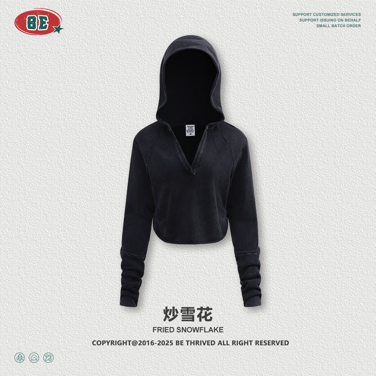 BE Retro V-neck Pleated Short Half-open Neck Hooded Long Sleeves