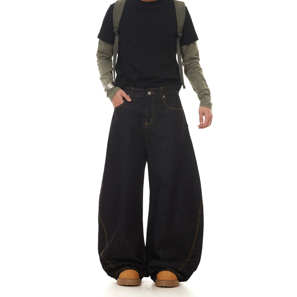 BTSG Guochao retro Japanese Raw denim black wide-leg scimitar jeans