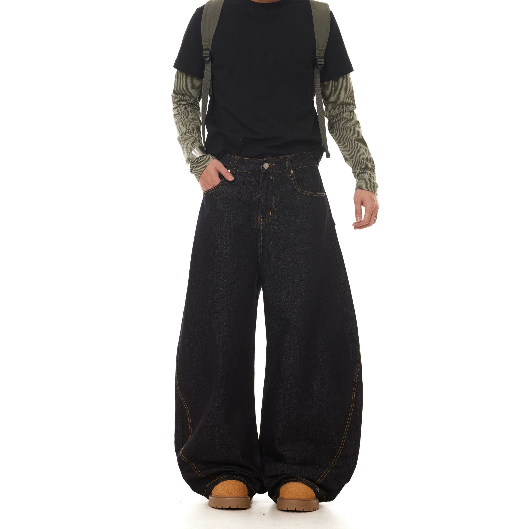 BTSG Guochao retro Japanese Raw denim black wide-leg scimitar jeans