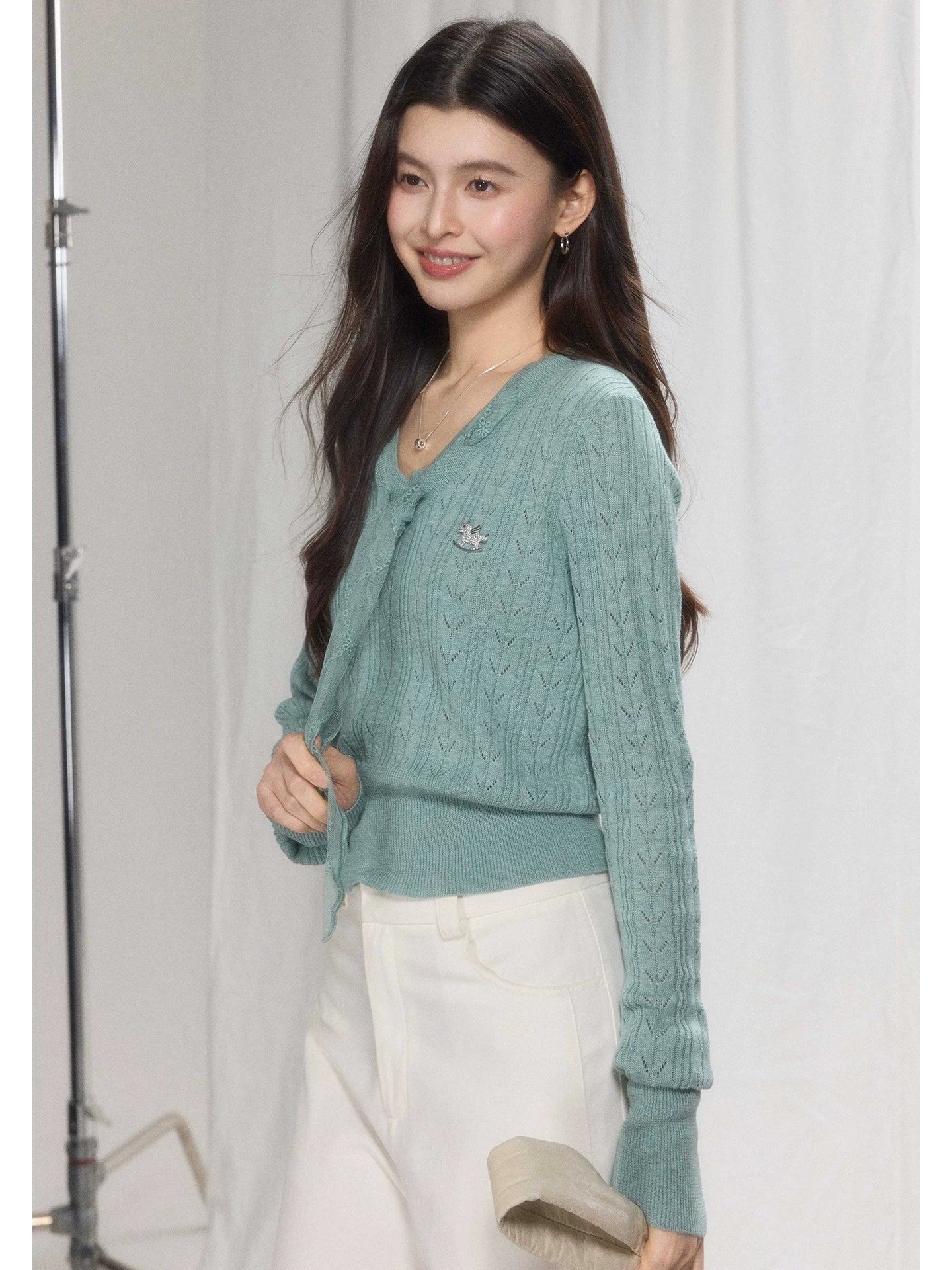 TYANG Hollow Twisted Waist Lace Streamer Knitted Sweater