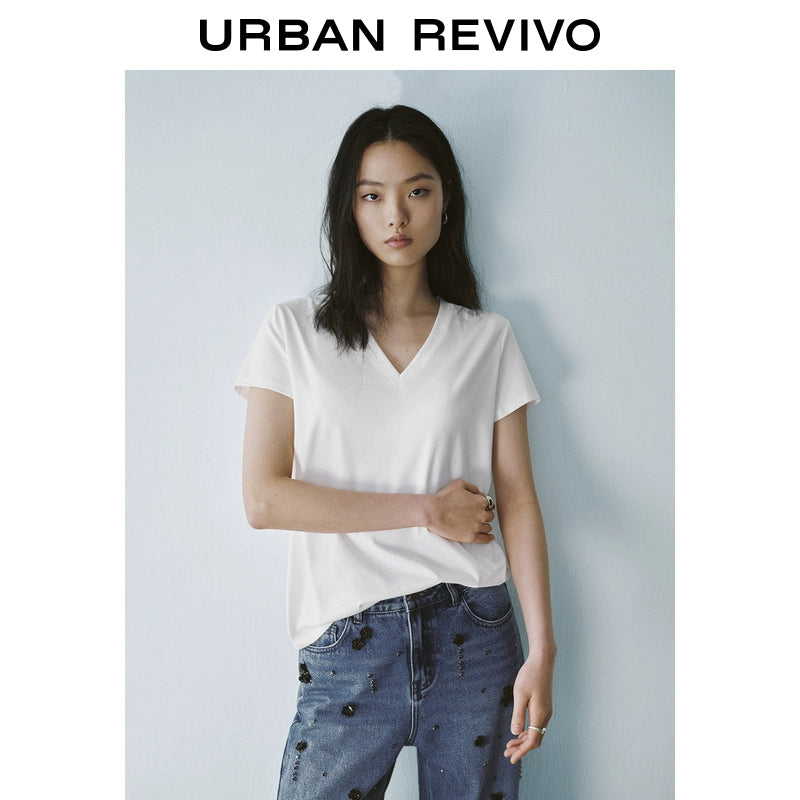 URBAN REVIVO Sports Versatile V-Neck Short Sleeve Tee