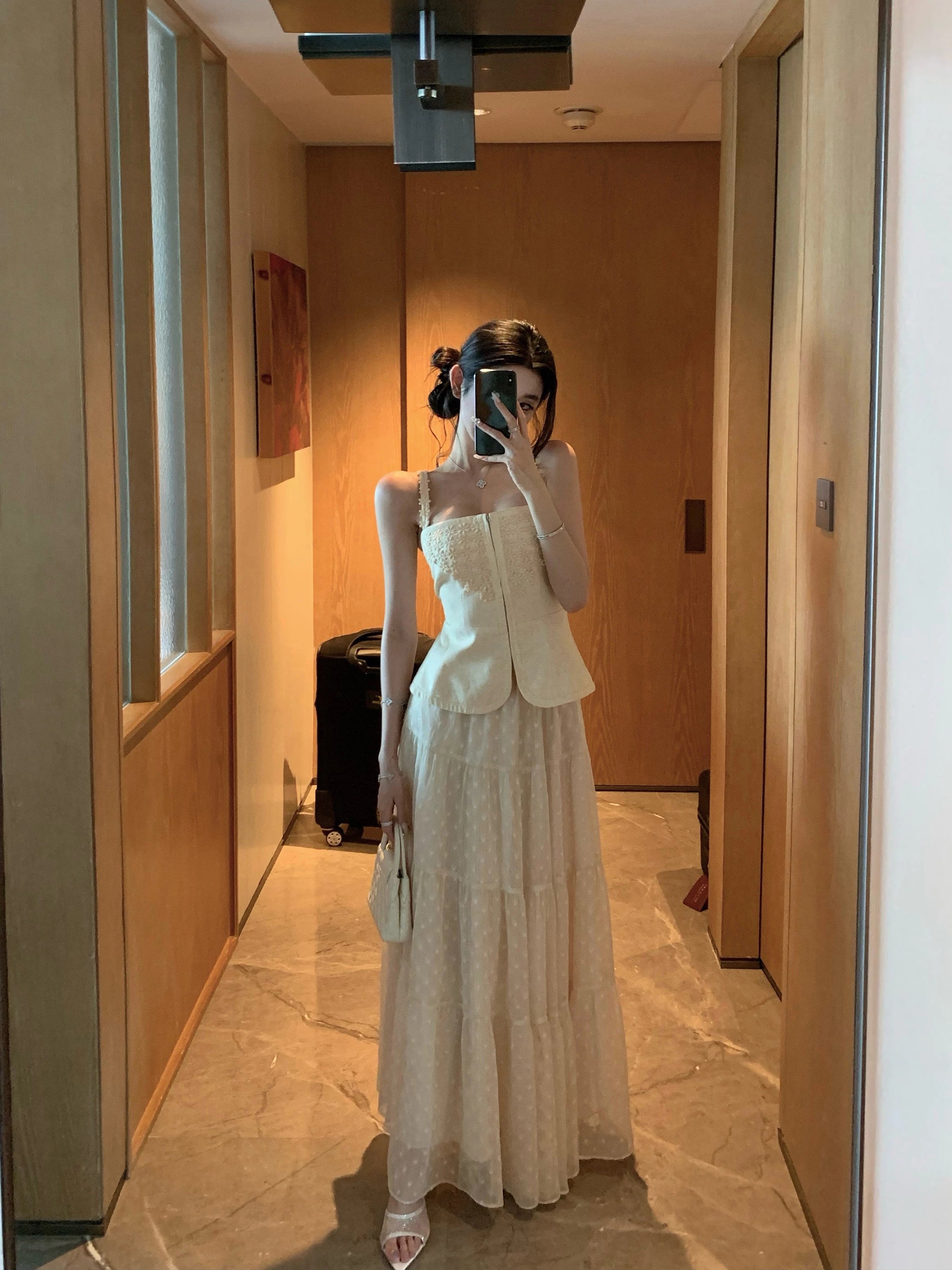 Barb Chill Suspender Chiffon Jacquard Long Skirt