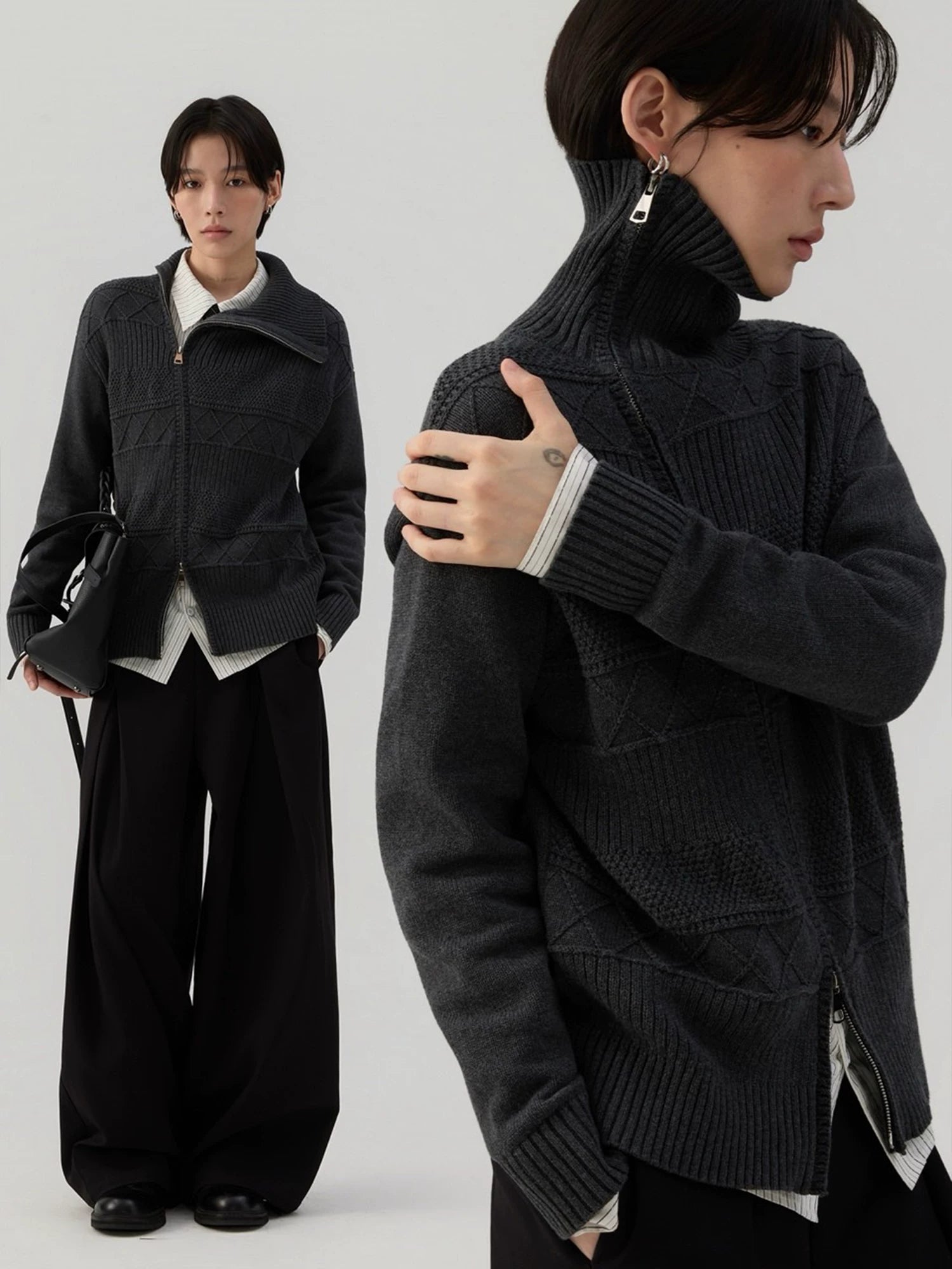 Sameuoo Slanted Placket Turtleneck Knitted Cardigan