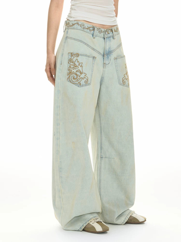 TGNS Vintage Loose Embroidered Low Waist Jeans