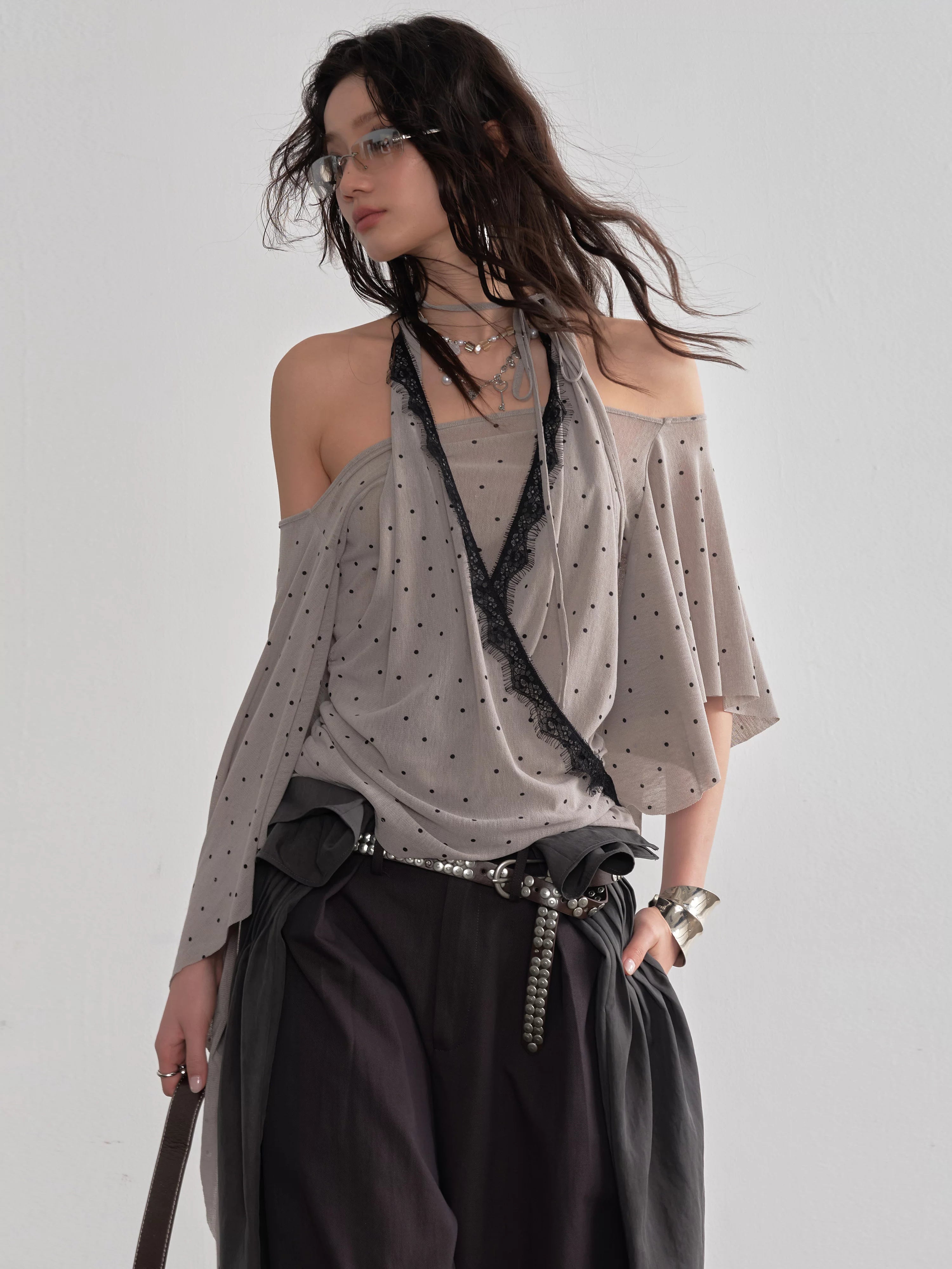 JNYLON Retro Asymmetrical Shawl Sleeve Neck Polka Dot Tee