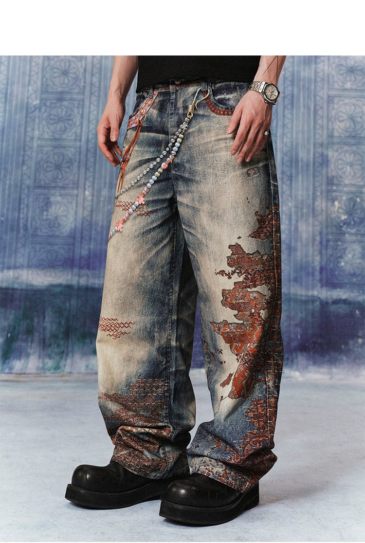 YADcrew Ragged Embroidered Print Denim Trousers