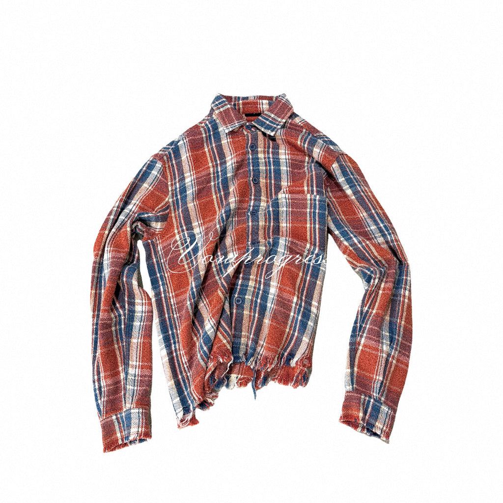 VOWPROGRESS Flannel Fringed Check Shirt Long Sleeves