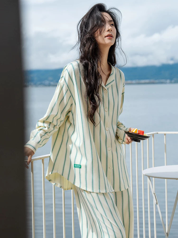 YUENEI Casual Striped Cotton Long Pajamas
