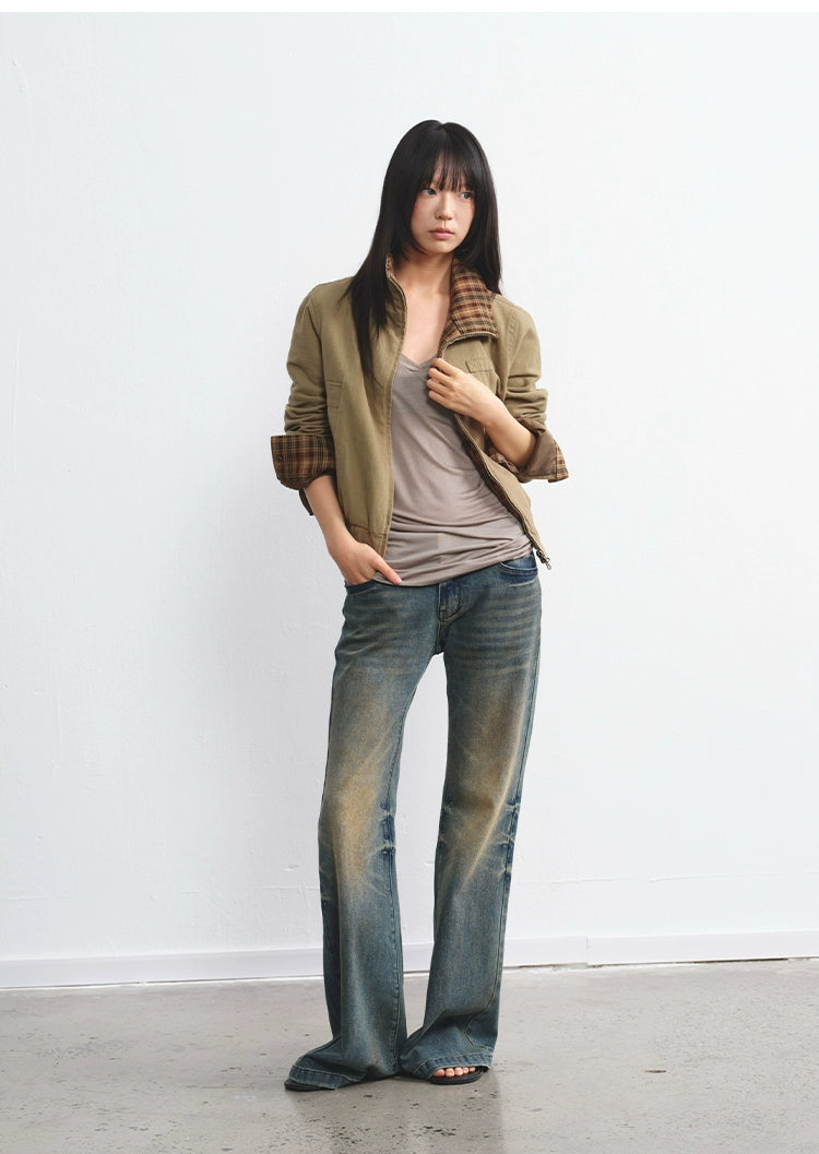 LINY LIBERTY  Vintage Plaid Lapel Flight Jacket