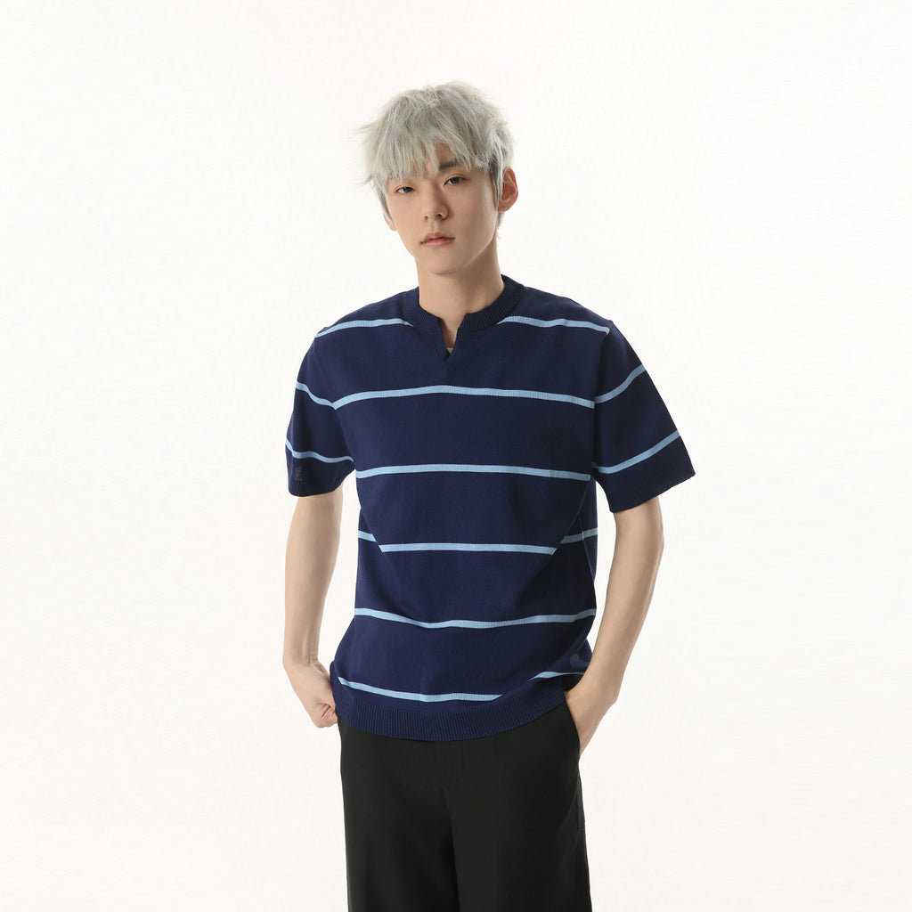 MTLCLOTHES Vintage V-neck Contrasting Striped Knitted Tee