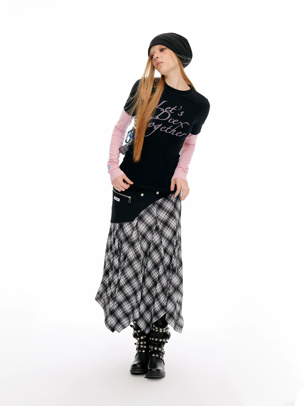 JIKOO Plaid Skirt Versatile Irregular Hem Skirt
